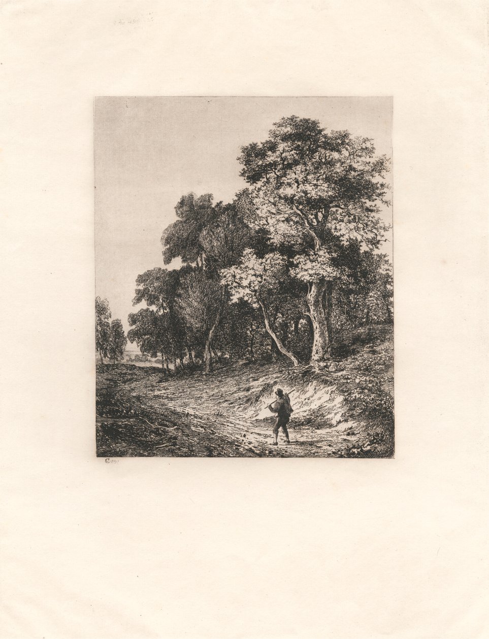 Landschap, man draagt stok over schouder door George Vincent