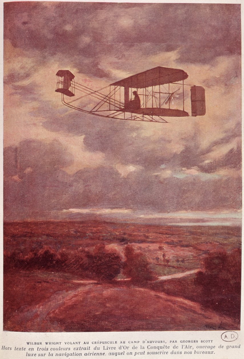 Wilbur Wright (1867-1912) tijdens zijn recordbrekende nachtvlucht op Camp d