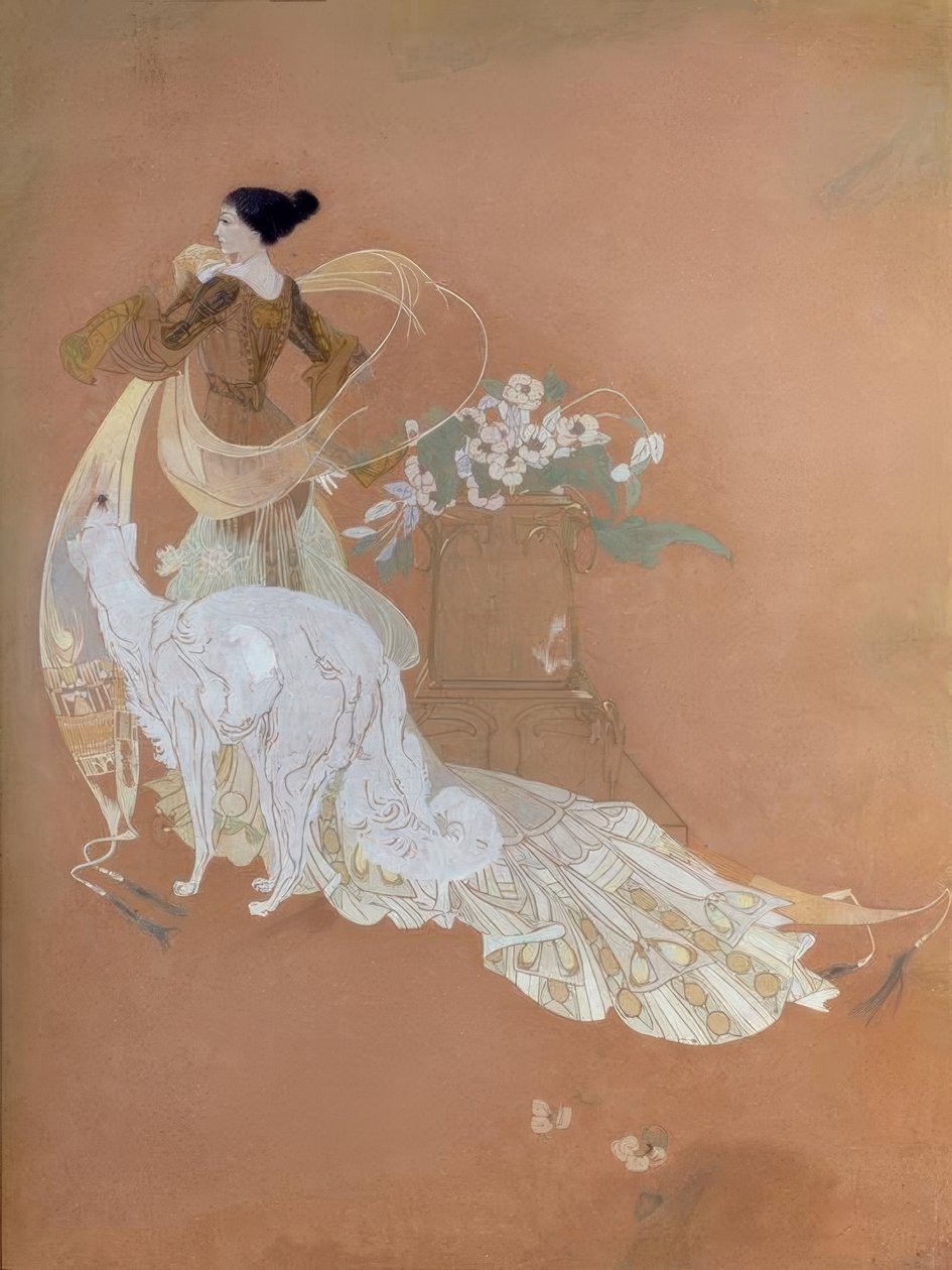 Elegante dame met Barsoi door Georges de Feure