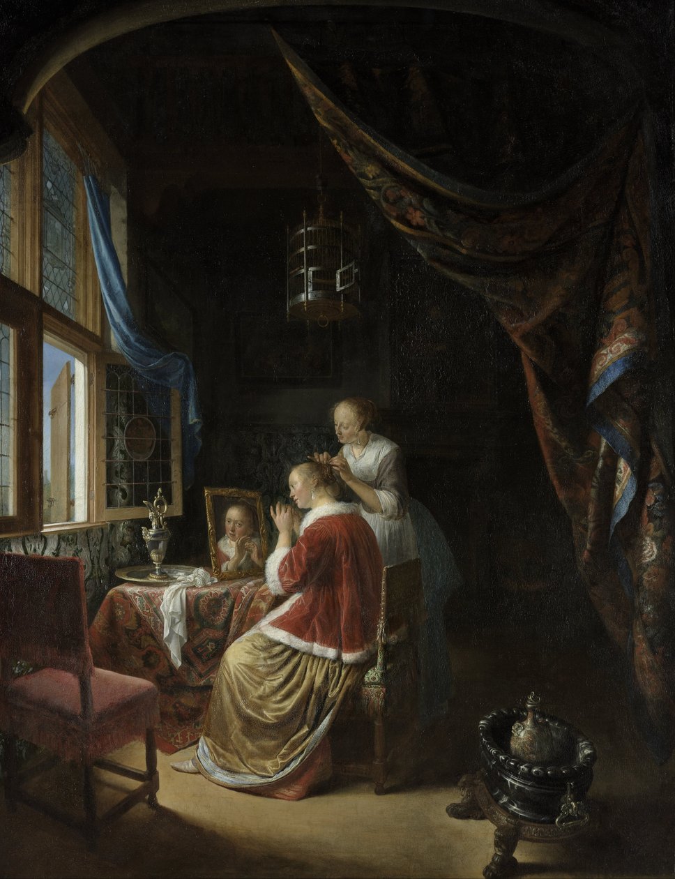 Een jonge vrouw bij haar toilet door Gerrit Dou