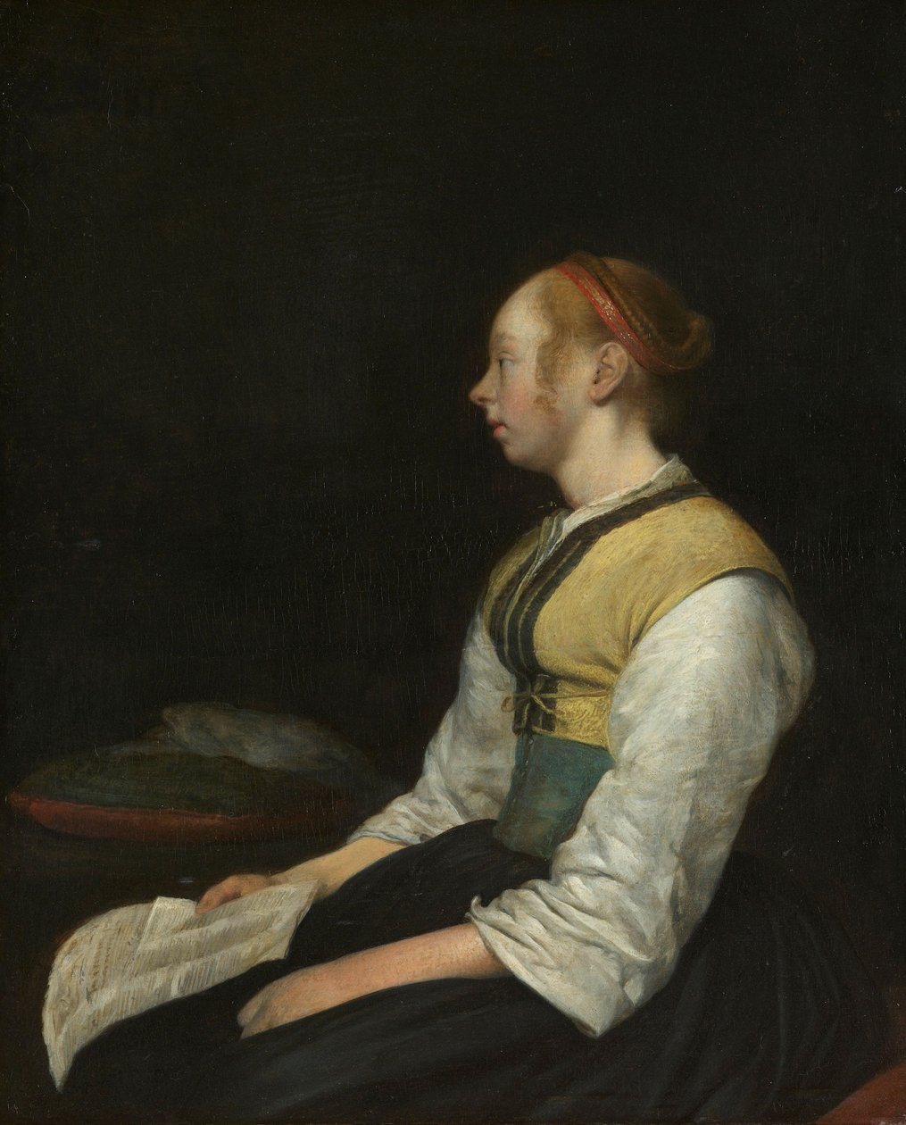 Zittend Meisje in Boerenkostuum door Gerard ter Borch