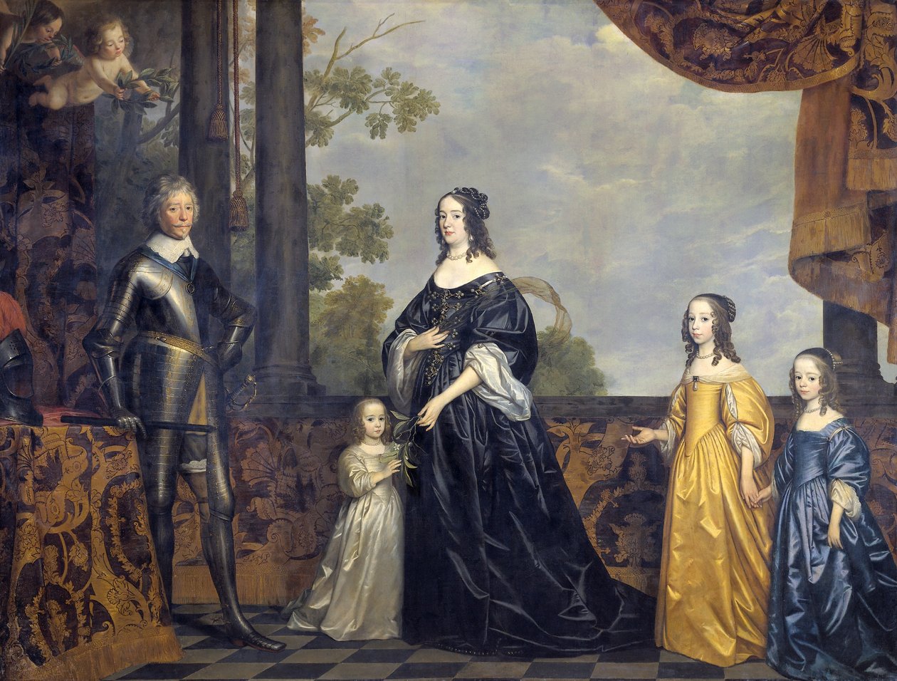 Groepsportret van Frederik Hendrik, Prins van Oranje (1584-1647), Amalia van Solms-Braunfels (1602-1675) en hun drie jongste dochters door Gerrit van Honthorst