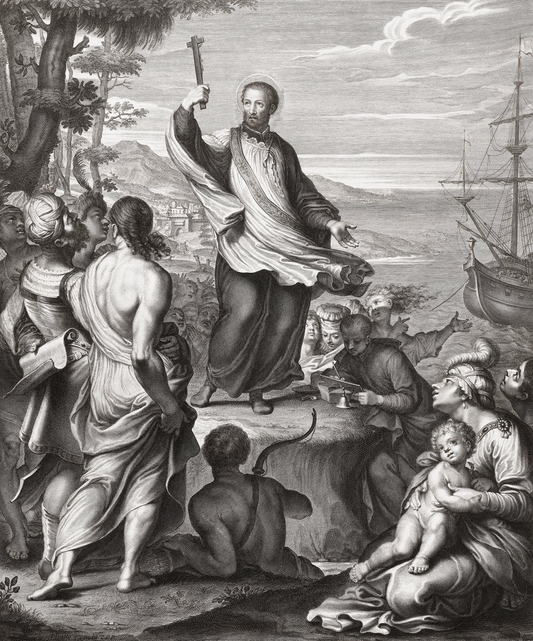 Sint Franciscus Xaverius predikend door Gerard (after) Edelinck