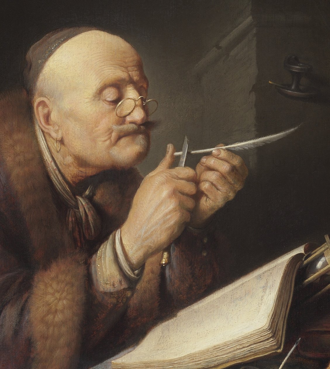 Geleerde die een ganzenveer scherpt door Gerrit Dou