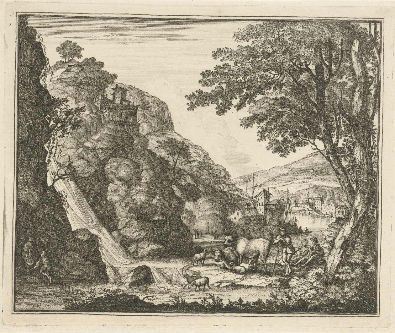 Herder met dieren bij een waterval door Gerard Melder