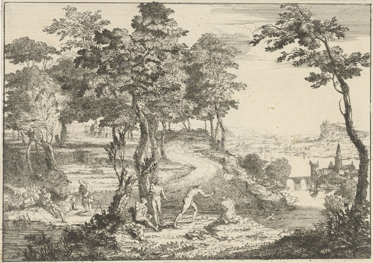 Landschap met baders en hengelaars door Gerard Melder