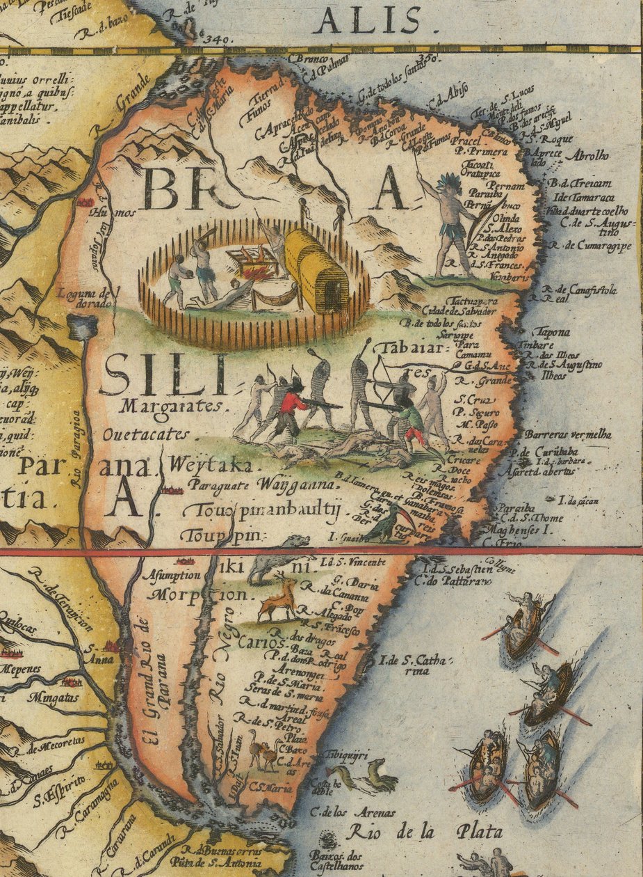 Kaart van Zuid-Amerika, 1593 (bijgesneden) door Gerard de Jode