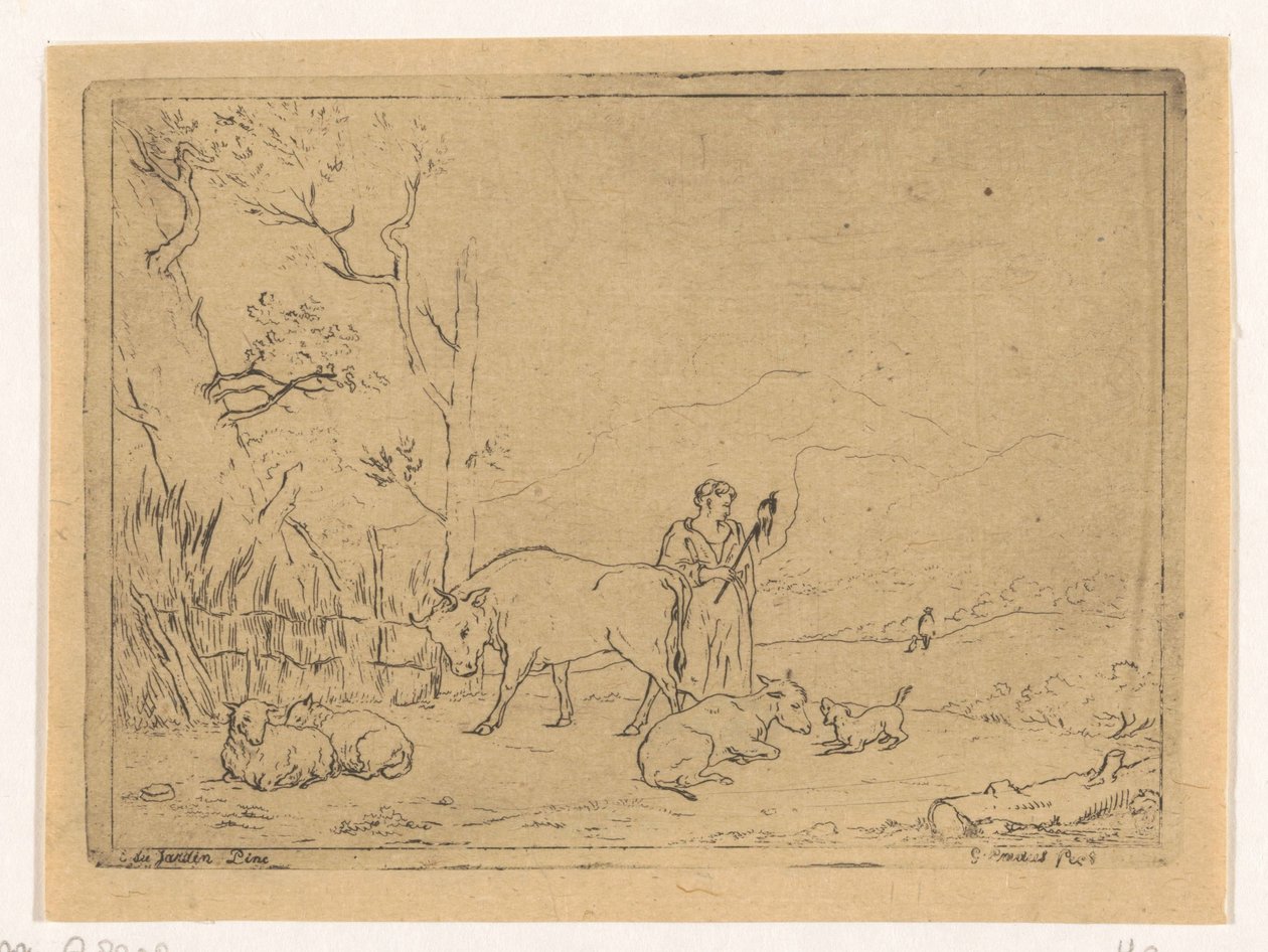 Spinnende herderin door Gerardus Emaus de Micault