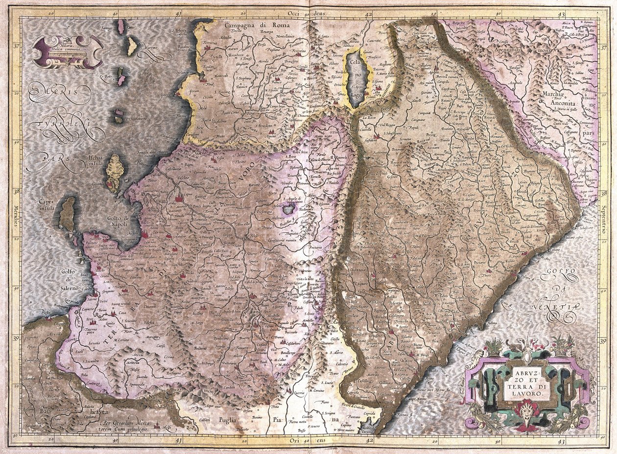Abruzzen en Campania, Italië (gravure) door Gerardus Mercator