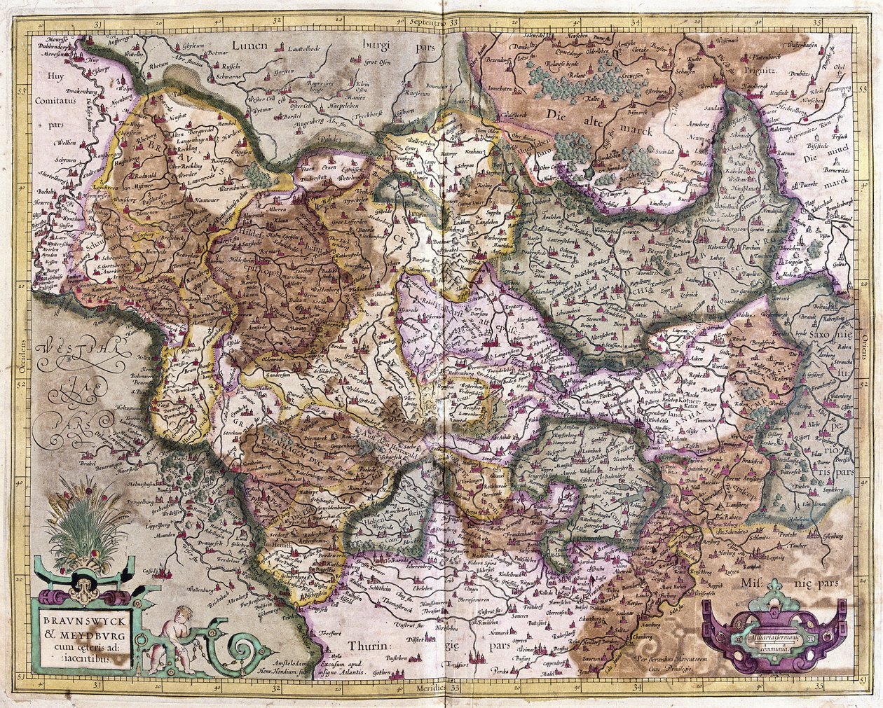 Braunschweig en Maagdenburg, Duitsland (gravure) door Gerardus Mercator
