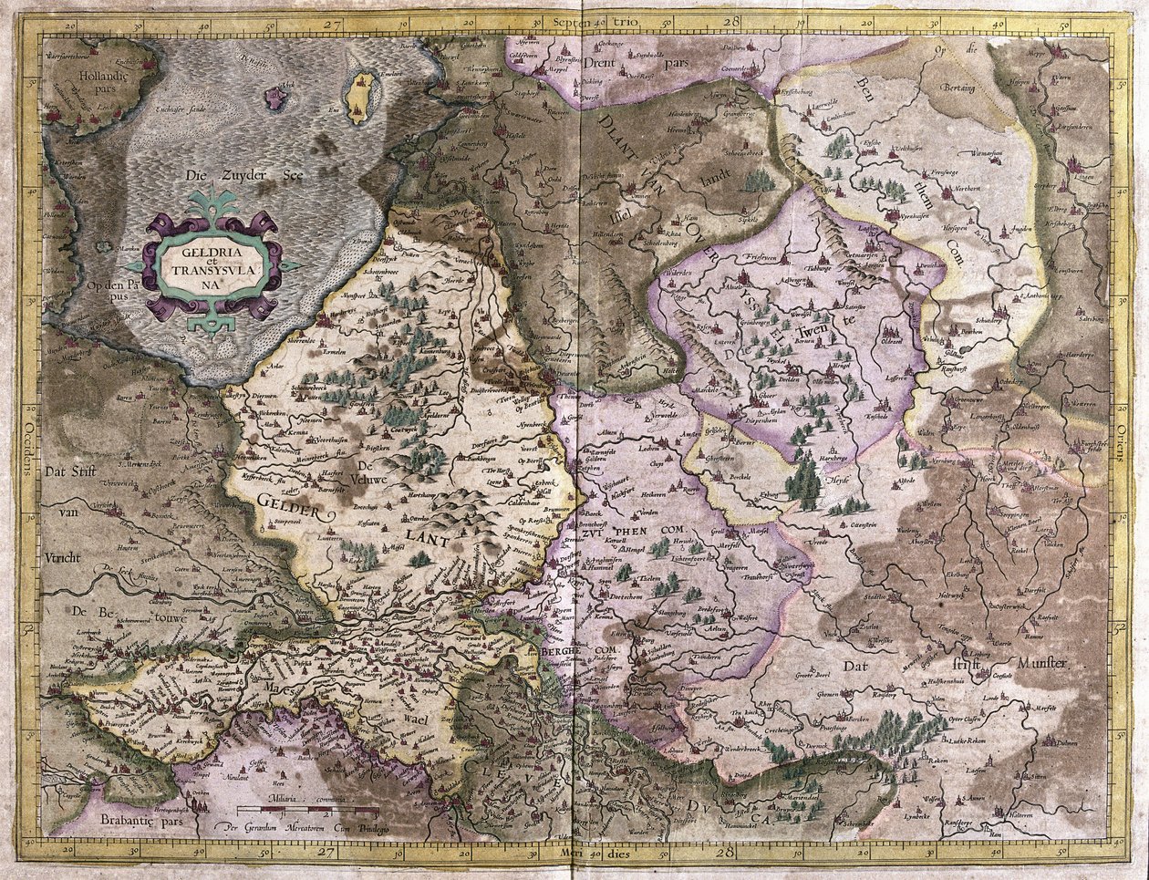 Gelderland en Overijssel, Nederland (gravure) door Gerardus Mercator