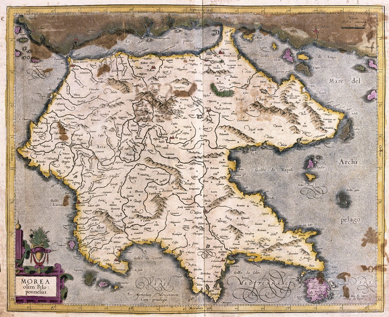 Griekenland en Peloponnesos (gravure) door Gerardus Mercator