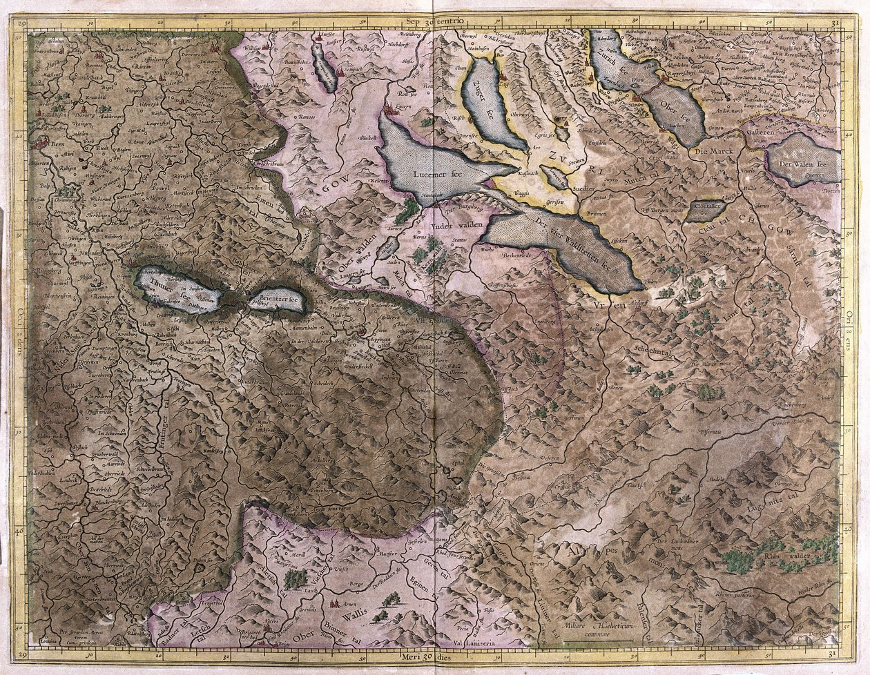 Meren in Zwitserland (gravure) door Gerardus Mercator
