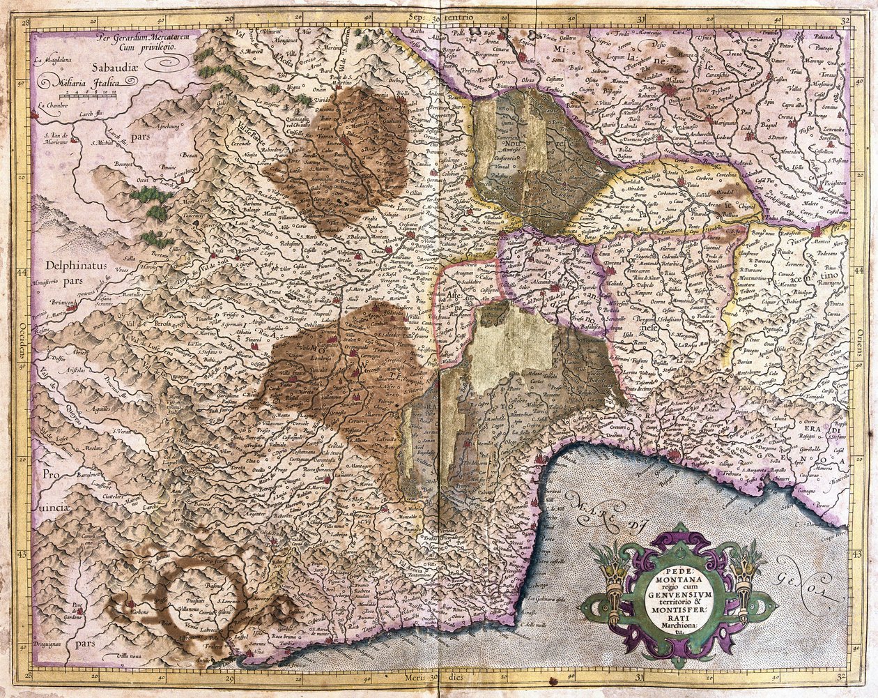 Piëmont, Genua en Montserrat (gravure) door Gerardus Mercator