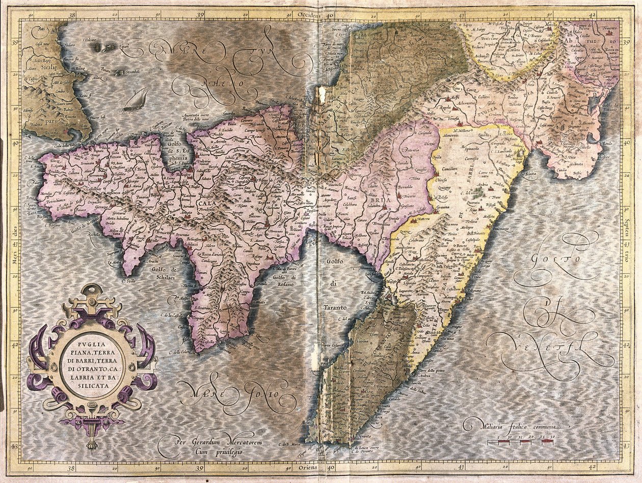 Puglia, Calabrië en Basilicata, Italië (gravure) door Gerardus Mercator