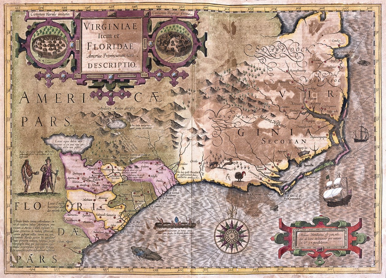 Virginia en Florida (gravure) door Gerardus Mercator