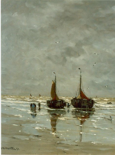 Bommen en vissersvolk op het strand door Gerhard Morgenstjerne Munthe
