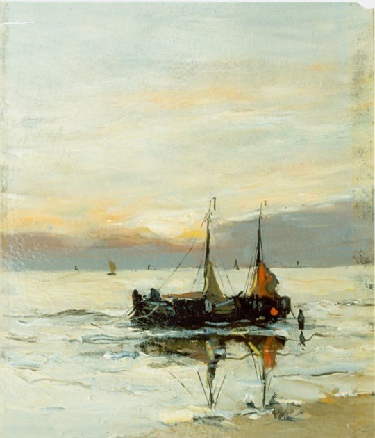 Bomschuiten op het strand door Gerhard Morgenstjerne Munthe