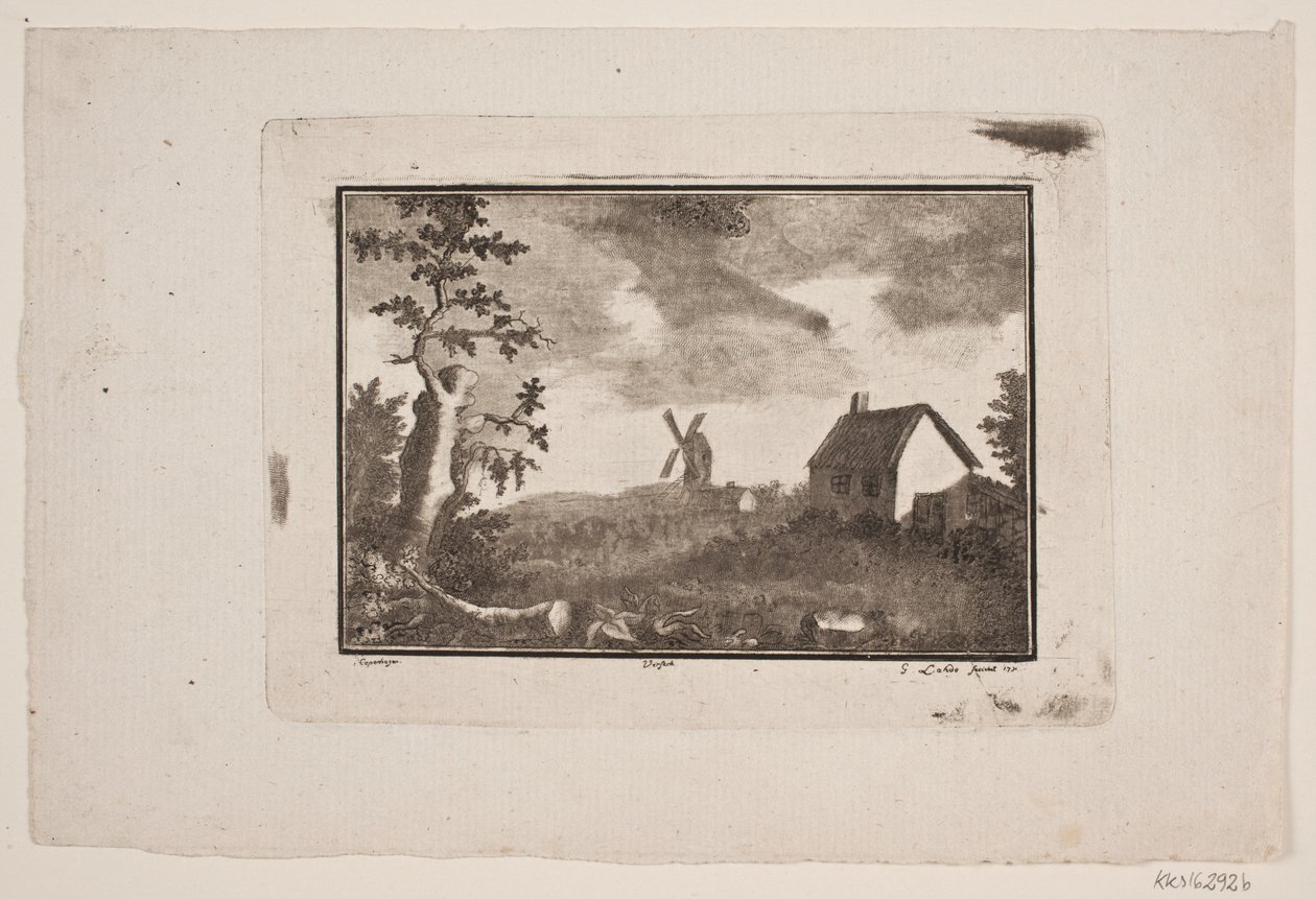 Landschap met huis en molen door Gerhard Ludvig Lahde