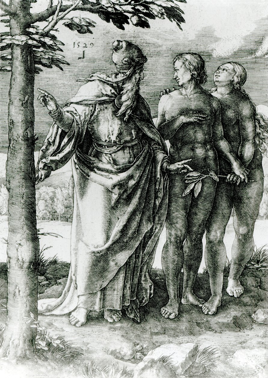 God toont Adam en Eva de Boom des Levens in de Hof van Eden, 1529 door German School