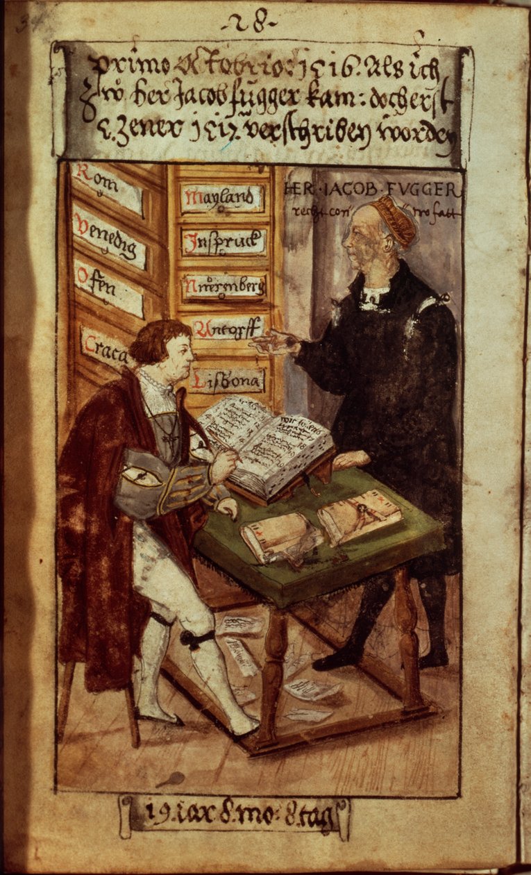 Jakob Fugger in zijn kantoor, 1518 door German School