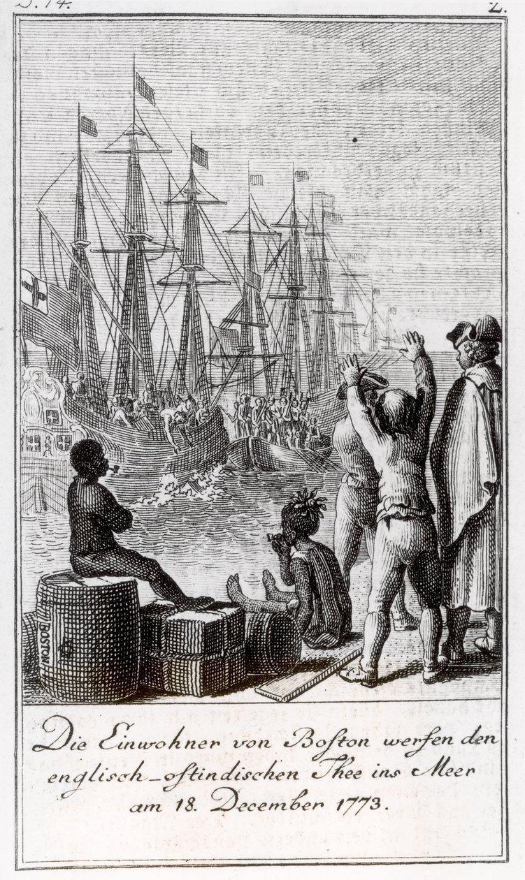 De Inwoners van Boston Gooien Engelse-Oost-Indische Thee in de Zee, 18 december 1773 door German School