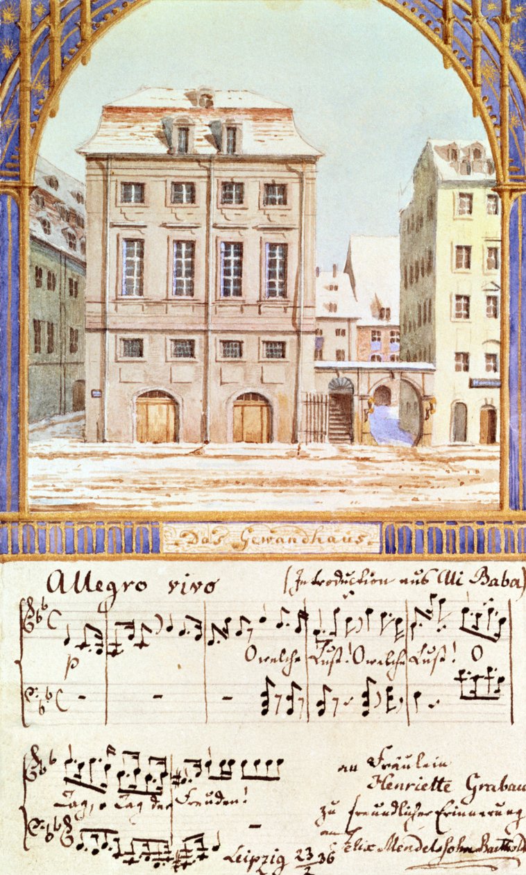Het Leipzig Gewandhaus met een muziekstuk van Felix Mendelssohn (1809-47) door German School