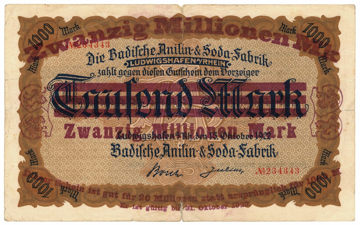 Een bankbiljet van twintig miljoen mark, 1922 door German School