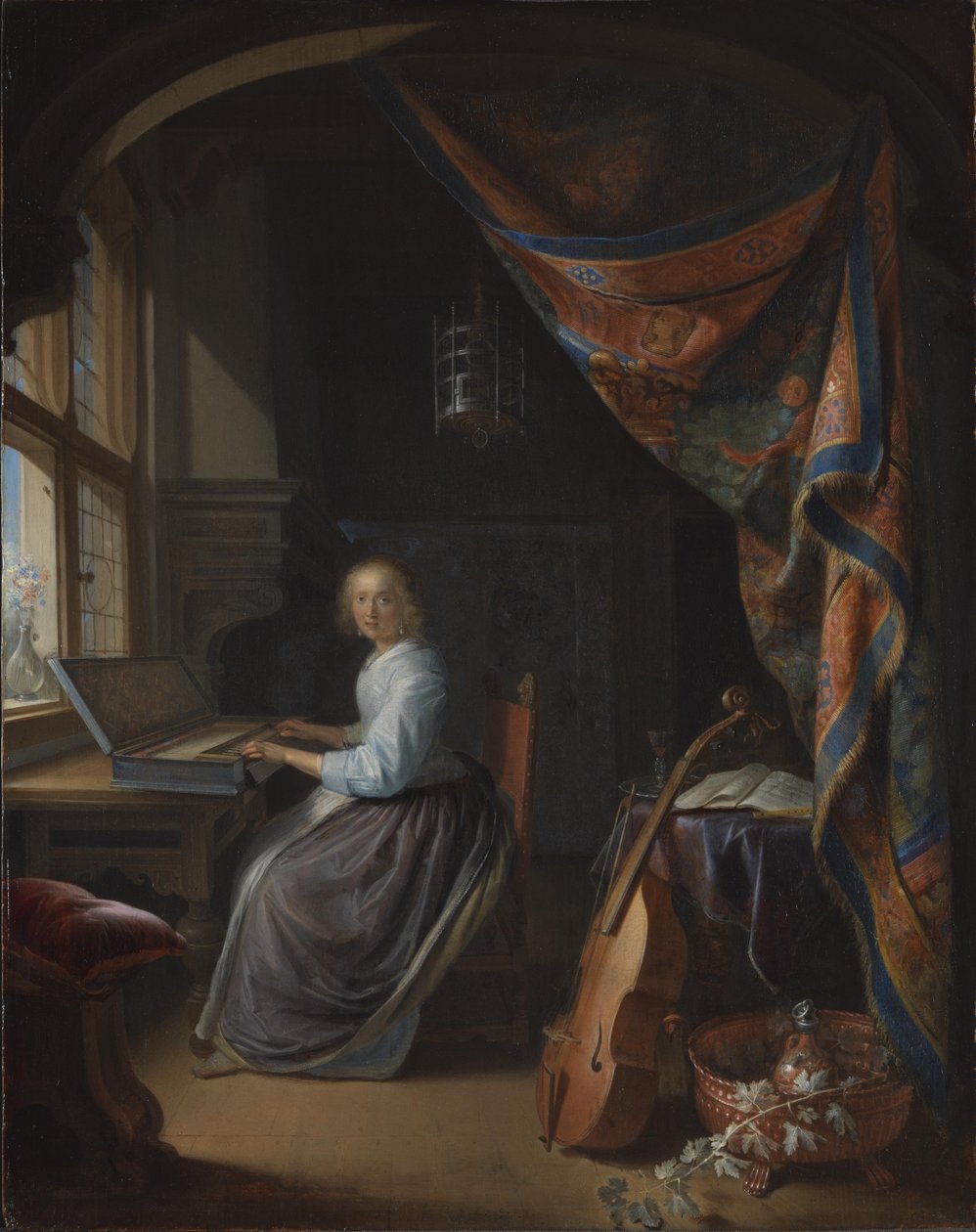 Een dame die op een klavichord speelt. door Gerrit Dou