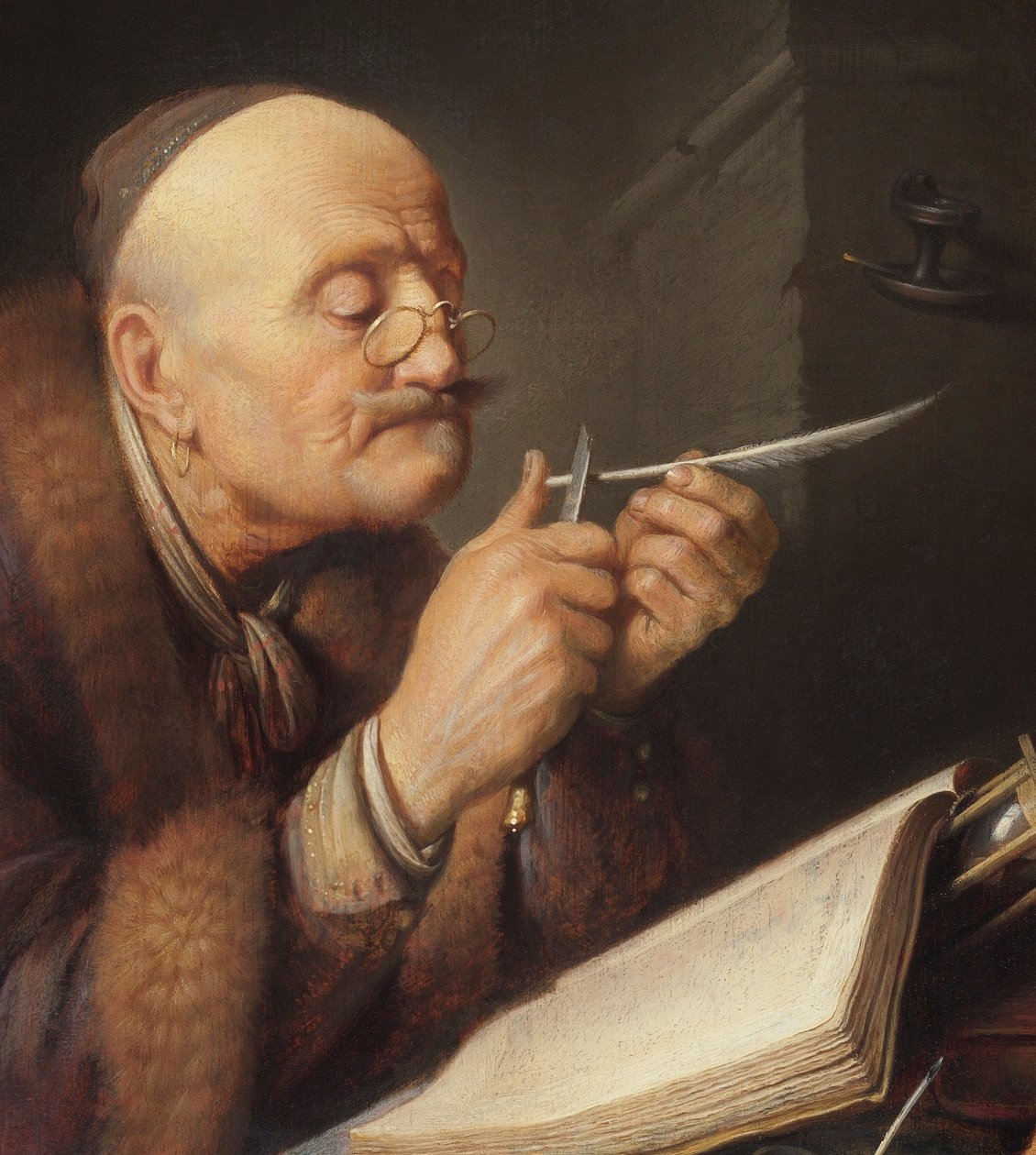 Geleerde scherpt zijn ganzenveer door Gerrit Dou