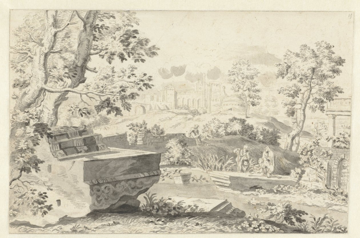 Landschap met antieke ruïnes door Gerrit Grasdorp (possibly)
