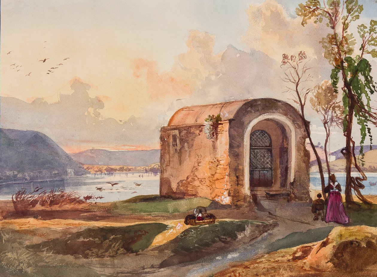 Kapel bij Meer Lucrino, met toevoegingen door een Borbone-leerling, mogelijk Prinses Maria Annunziata di Borbone (1843-1871) door Giacinto Gigante