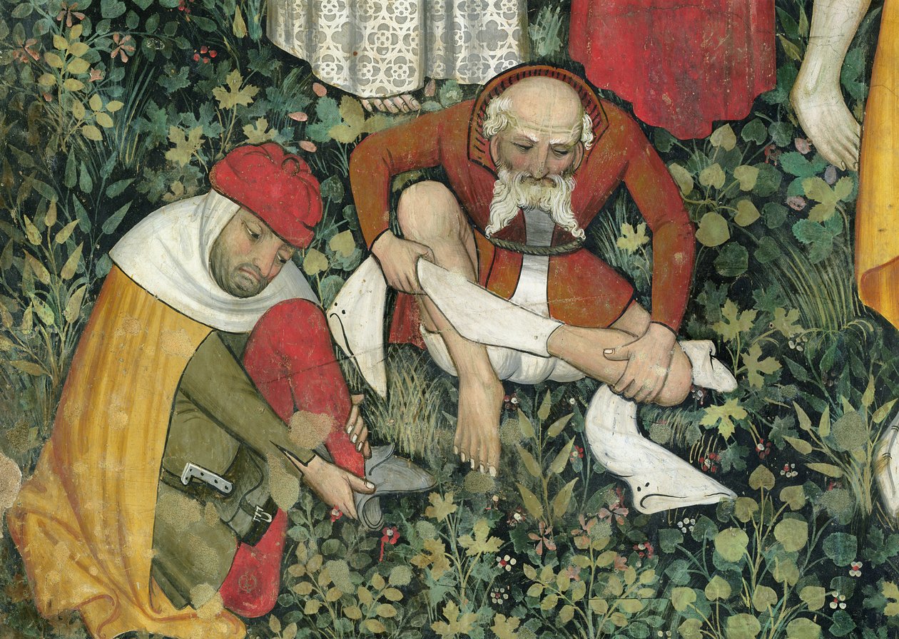 De fontein van het leven, detail van oude mannen die zich uitkleden door Giacomo Jaquerio