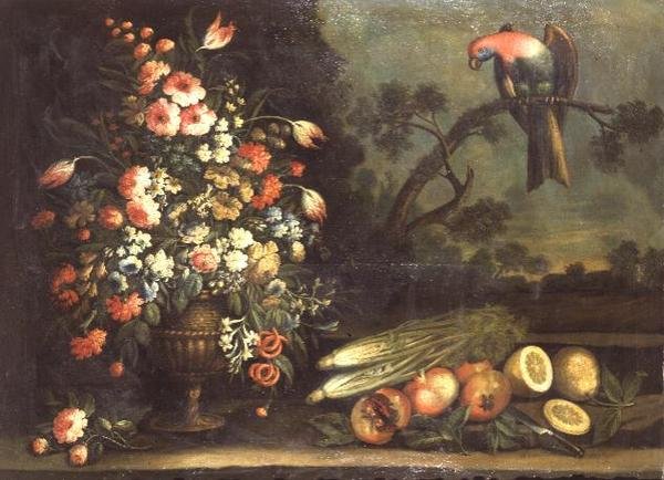 Stilleven, gemengde bloemen, groenten en papegaai door Giacomo Nani