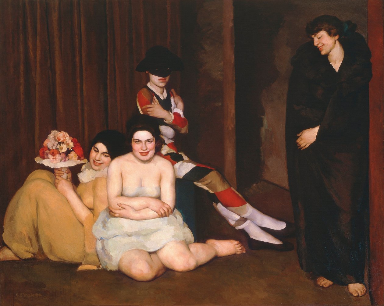 Schilderij van De Maskers door Gian Emilio Malerba
