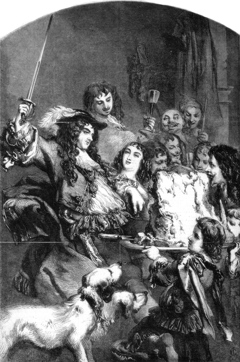 Karel II die een lende biefstuk tot ridder slaat door Gilbert