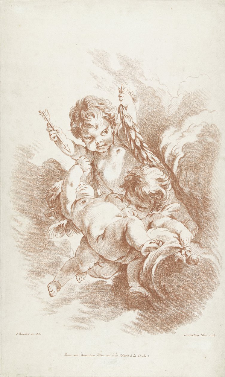 Drie spelende putti op wolken door Gilles Demarteau
