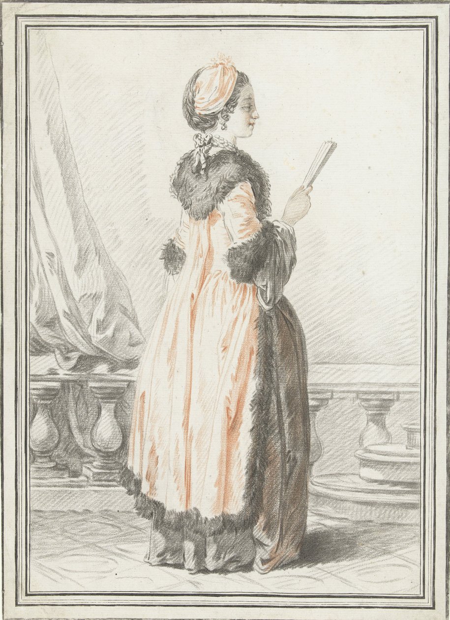Staande vrouw met waaier in hand door Gilles Demarteau