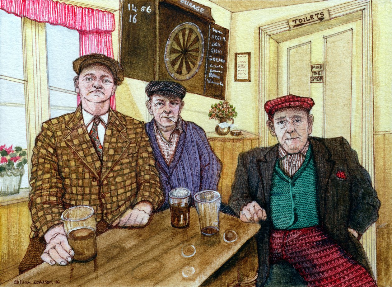 Drie mannen in een kroeg, 1984 door Gillian Lawson