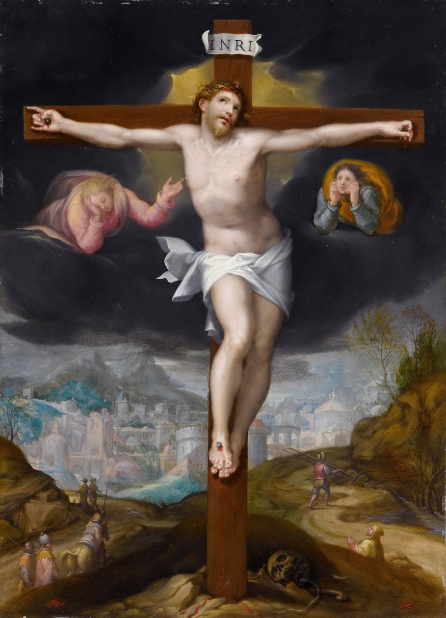 Christus aan het kruis tussen twee engelen door Gillis Mostaert