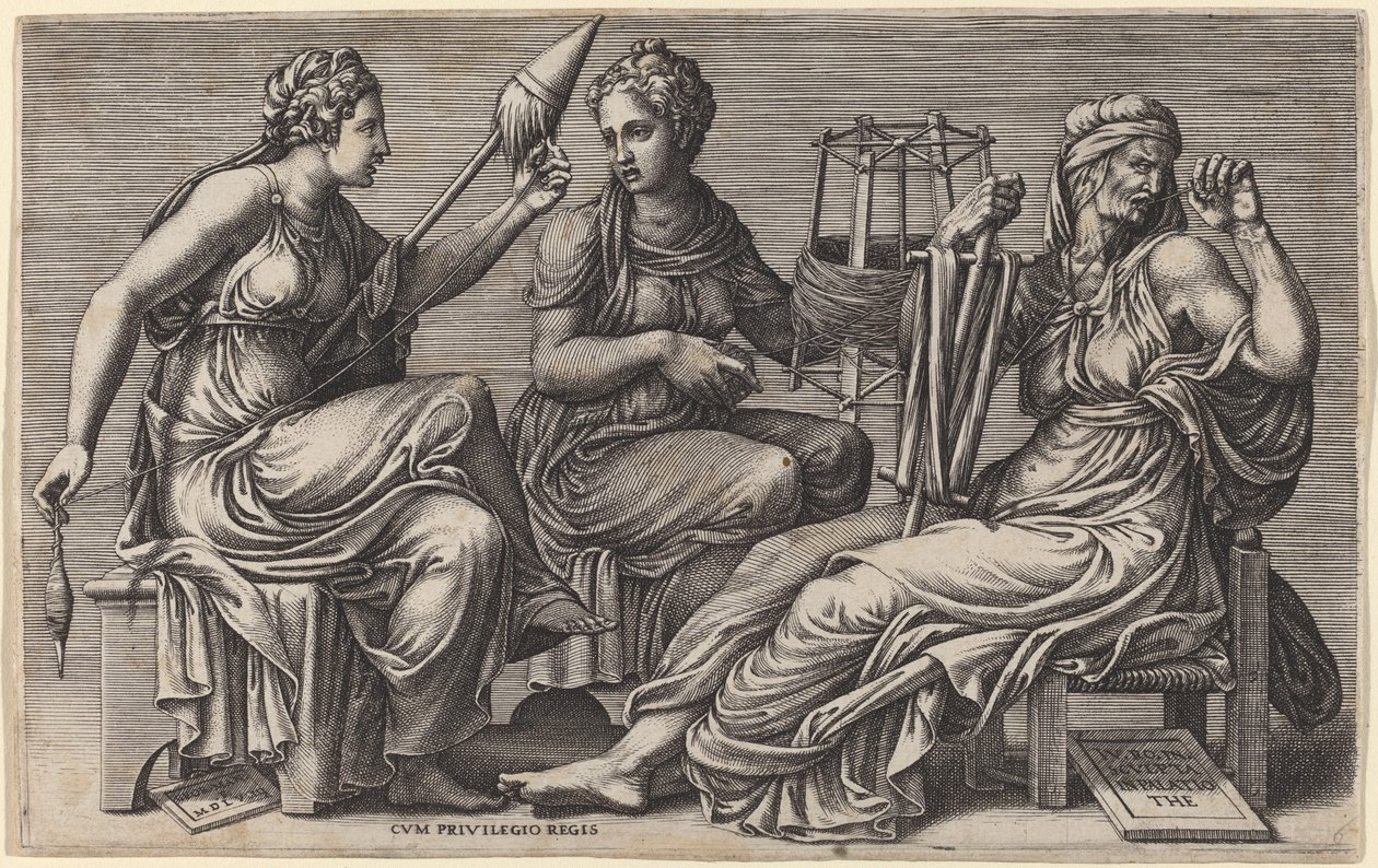 De drie schikgodinnen door Giorgio Ghisi after Giulio Romano
