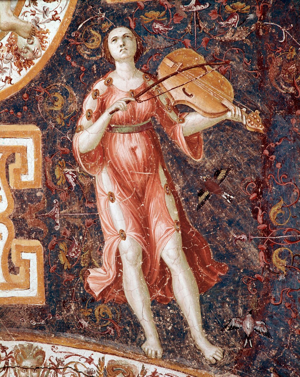 Jonge vrouw die viool speelt (fresco) door Giorgio Vasari