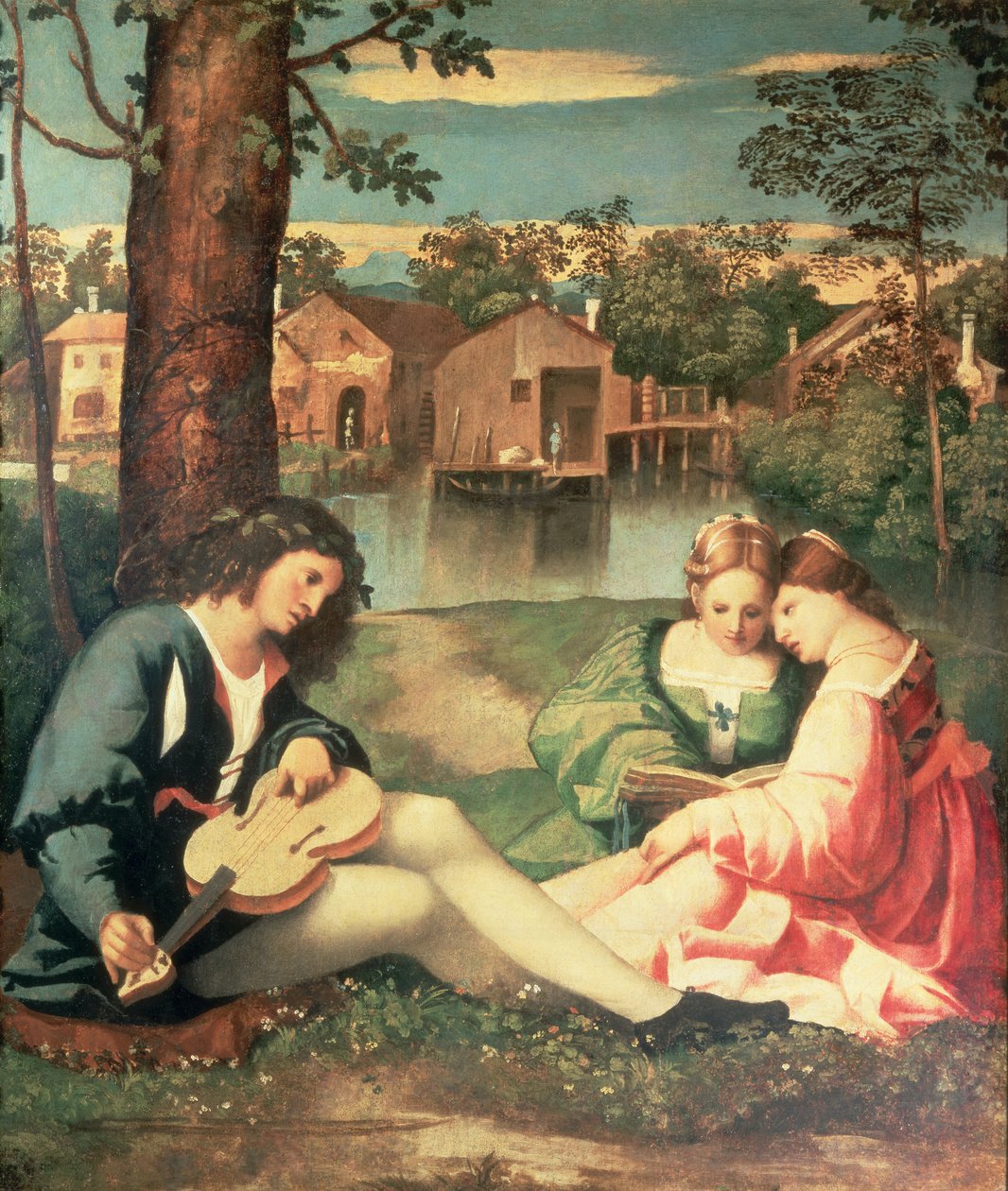 Jongeman met een gitaar en twee meisjes zittend aan de oever van een rivier door Giorgione da Castelfranco