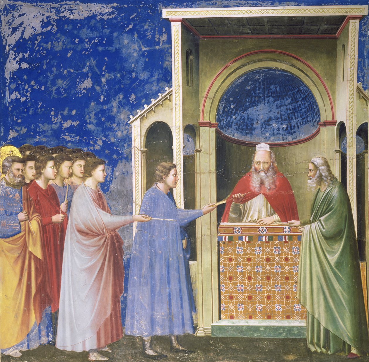 De aanbidders van de Maagd presenteren hun staven in de tempel, ca. 1305 door Giotto di Bondone