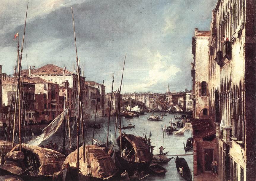 Het Canal Grande met de Rialtobrug op de achtergrond (detail) door Giovanni Antonio Canal