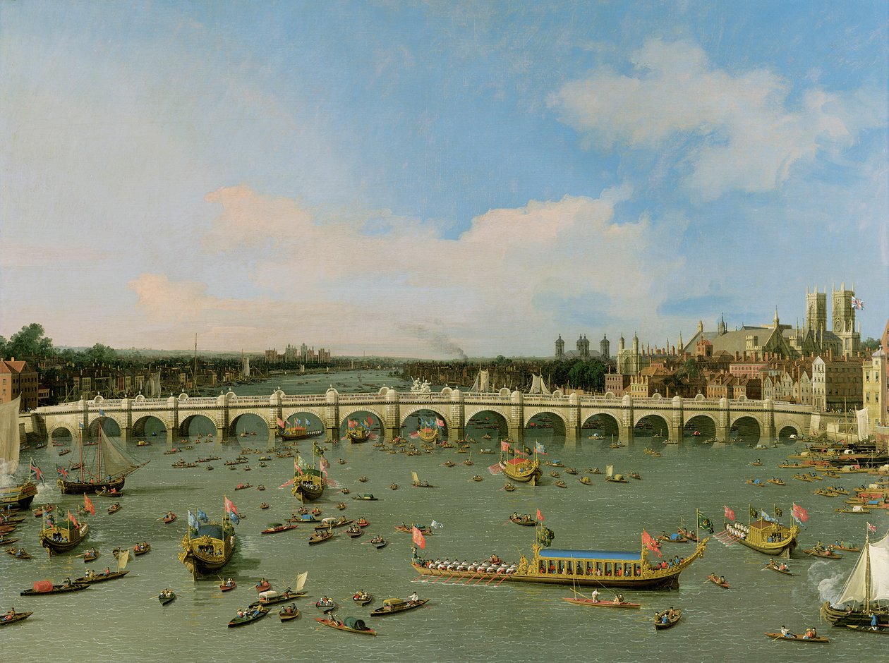 Westminster Bridge, Londen, met de Processie van de Lord Mayor op de Theems door Giovanni Antonio Canal