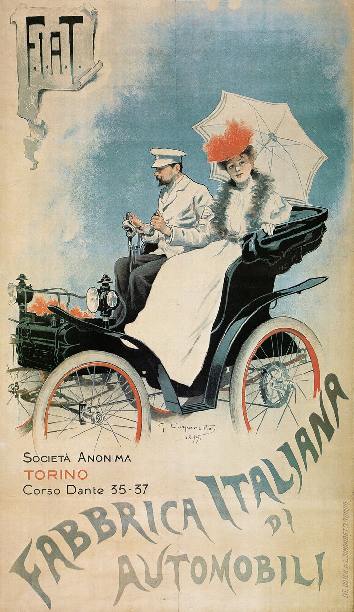 Poster die een vroege FIAT-auto adverteert, 1899 door Giovanni Battista Carpanetto