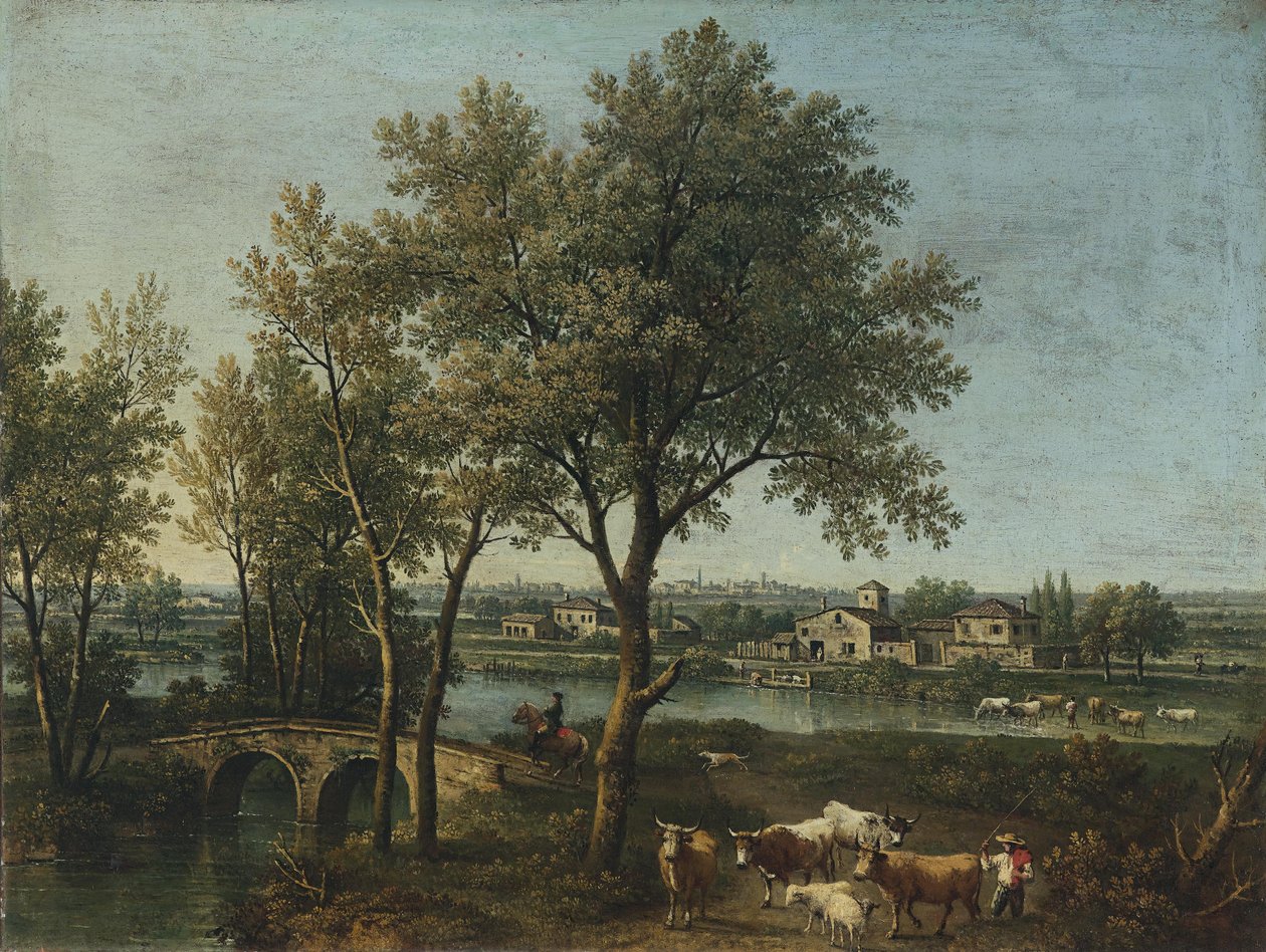 Rivierlandschap met herder, kudde en ruiter door Giovanni Battista Cimaroli