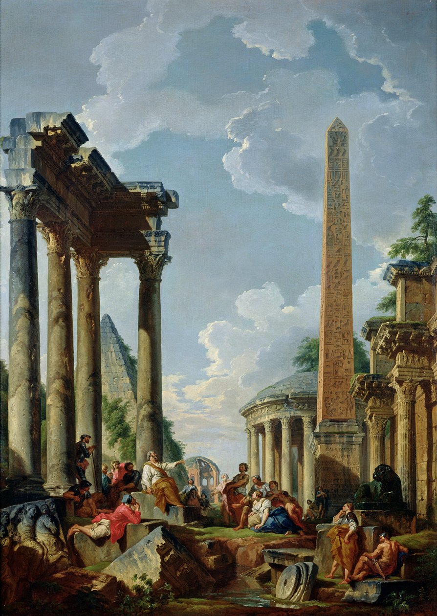 Architectonische Capriccio met een prediker in de ruïnes, ca. 1745 door Giovanni Paolo Pannini