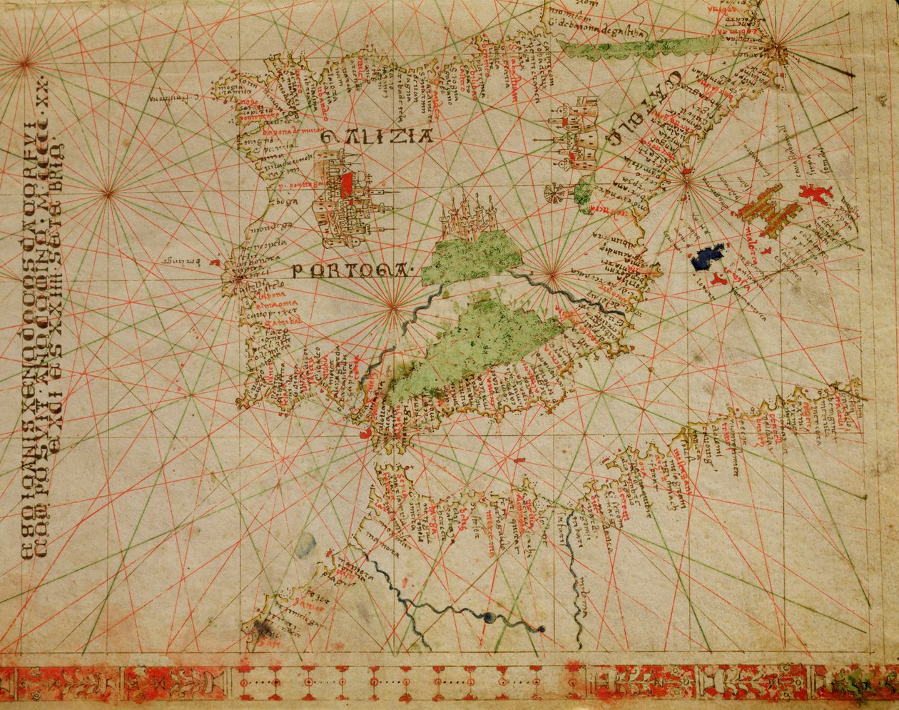 Het Iberisch schiereiland en de noordkust van Afrika, uit een nautische atlas, 1520 (detail) door Giovanni Xenodocus da Corfu